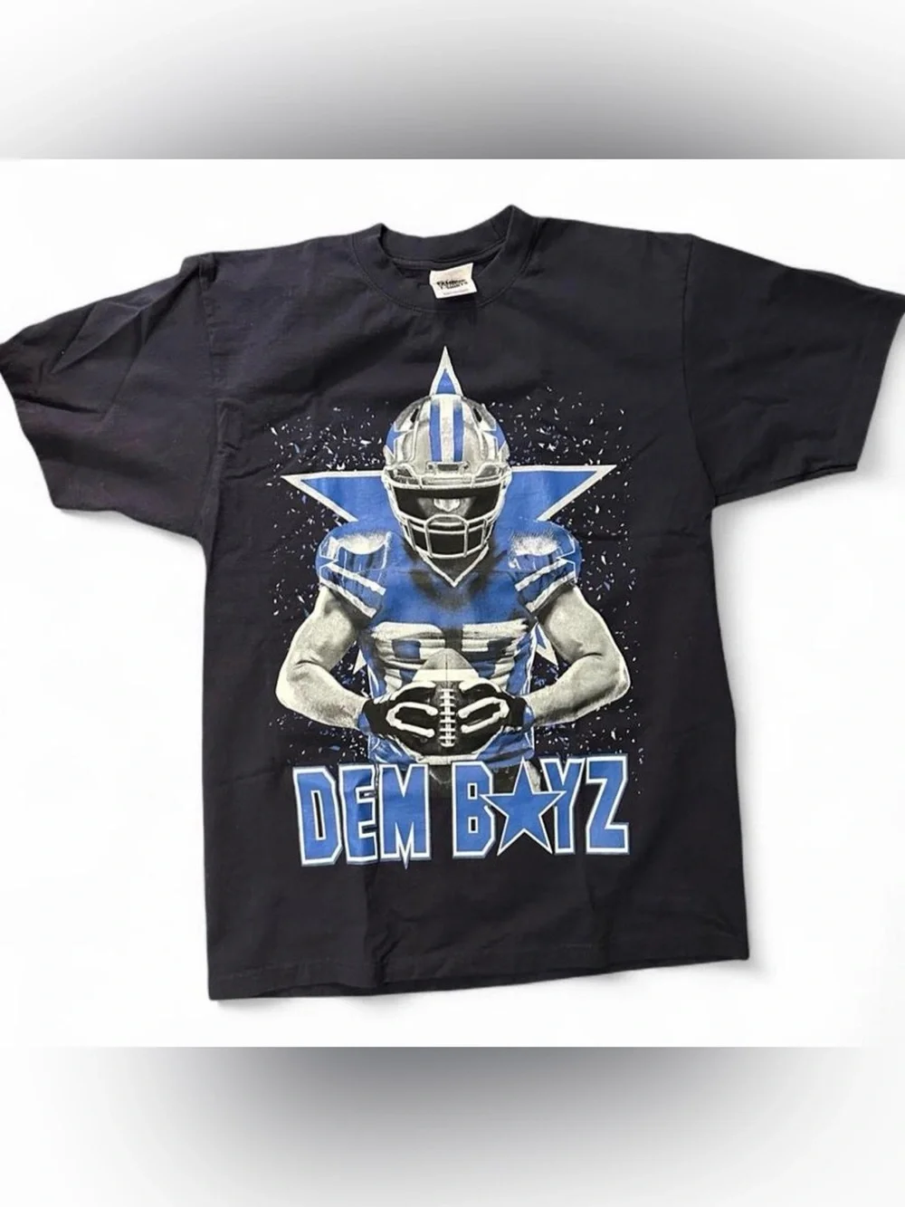 Men's Black 'Dem Boyz' Graphic Football Tee in Blue Accents